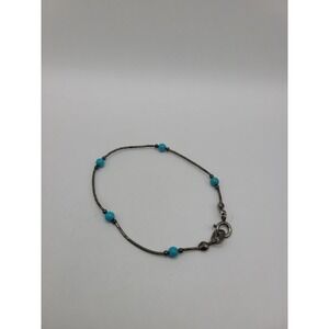 925 Sterling Silver Blue Bead Station Bracelet Tube Link Lobster Clasp Minimalis